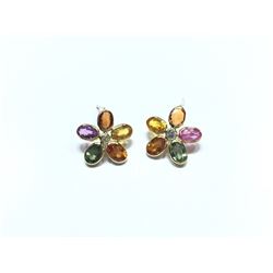 14K GOLD FANCY COLOUR 5.70 CT SAPPHIRE AND 0.16 CT DIAMOND FLOWER EARRINGS, APPRAISED VALUE: