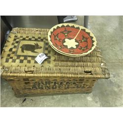 WICKER TRUNK AND TWO WOVEN REE BASKETS AND WOVEN HIDE