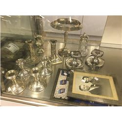 COLLECTION OF VARIOUS STERLING SILVER CANDLE HOLDERS, AND COMPOTE