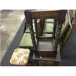 CAST IRON PIANO STOOL, WOODEN OCCASIONAL TABLE AND OAK SPOOLED UMBRELLA STAND