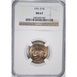 1951-D JEFFERSON NICKEL, NGC MS-67 NGC PRICE GUIDE=$200.00