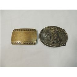 PAIR BRASS BELT BUCKLES WAYNE DOG FOOD ADVERTISING