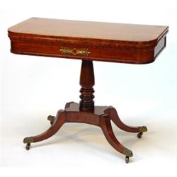 Regency mahogany and brass inlaid card table, the folding top with rosewood banding and baize lin…