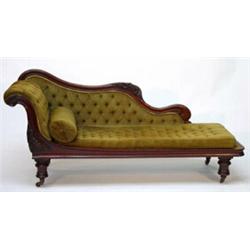 Victorian carved mahogany chaise longue with button upholstery on turned legs…