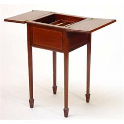 Edwardian inlaid mahogany work table, the folding top with sliding tray on tapering legs with spa…