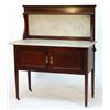 Image 1 : Edwardian inlaid mahogany washstand with marble back and top above a pair of cupboard doors on ta…