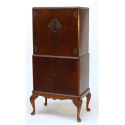 1920s burr walnut cocktail cabinet, fitted a pair of doors enclosing two glass shelves and a slid…