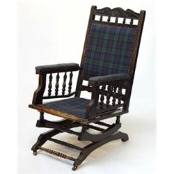 Victorian ebonised rocking chair with spindle turned back and sides and blue and green tartan uph…