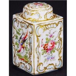 Square based porcelain tea caddy and cover, hand painted with panels of peacocks and flowers, gol…