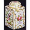 Image 1 : Square based porcelain tea caddy and cover, hand painted with panels of peacocks and flowers, gol…