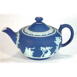 Victorian Wedgwood deep blue and white Jasperware teapot, moulded with a band of Roman figures, i…