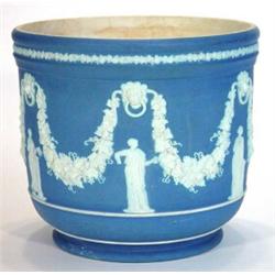 Large Victorian Wedgwood blue Jasperware jardiniere, moulded with a band of classical figures in …