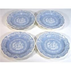 Set of six Victorian Etruscan Pottery plates transfer printed with blue and white panels of figur…