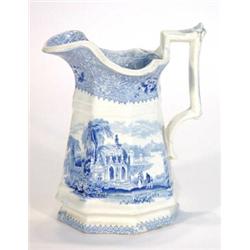 Victorian hexagonal based Adams jug transfer printed with a blue and white Columbia pattern, 20cm…