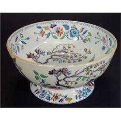 Large Victorian Davenport fruit bowl hand coloured and transfer printed with birds amongst flower…