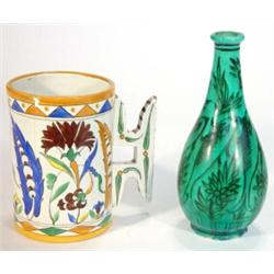 Hand painted 19th century Islamic tankard decorated with an Isnik style pattern and a turquoise g…