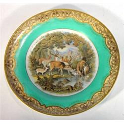 Victorian Prattware plate, printed with a panel of deer drinking from a stream onto a turquoise g…