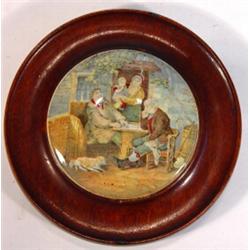 Mahogany framed Victorian pot lid depicting gentleman playing chess, 17cm diameter…