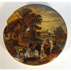 Victorian pot lid transfer printed with people and animals, baby in a stream beside a cottage, 9c…