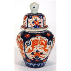 Japanese Imari patterned jar and cover, hand painted with panels of flowers…