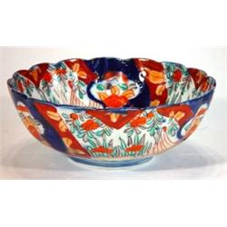 Fluted Japanese Imari porcelain bowl hand painted with panels of flowers, 19cm in diameter…