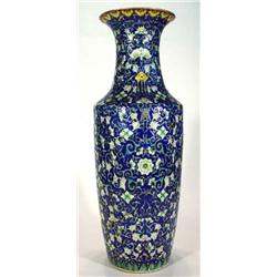 Large Chinese blue ,white and yellow  floral enamelled porcelain standing floor vase with red bat…