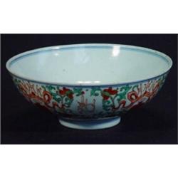 19th century Chinese shallow porcelain bowl hand painted with flowers and urns, square blue chara…