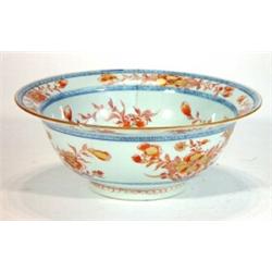 19th century Chinese shallow bowl hand painted with blue and white Greek key pattern and bright r…