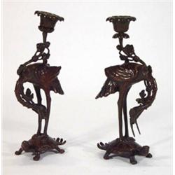 Pair of oriental bronze crane and turtle candlesticks, 22cm high…