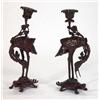 Image 1 : Pair of oriental bronze crane and turtle candlesticks, 22cm high…