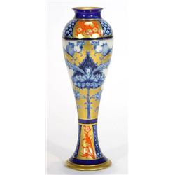 Slender Moorcroft MacIntyre patterned vase hand gilded and painted with panels of flowers, marks …