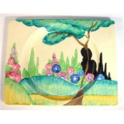 Clarice Cliff Bizarre 'Biarritz' rectangular plate decorated with flowers and trees, black Bizarr…