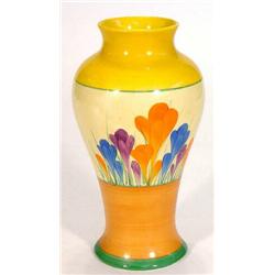 Hand painted Clarice Cliff Bizarre 'Crocus' patterned baluster vase, black Bizarre marks to base,…