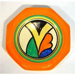 Small hexagonal Clarice Cliff Bizarre plate hand painted with an abstract orange, blue and green …