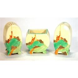 Three piece Clarice Cliff Bizarre cruet hand painted with Red Roof pattern, black Bizarre marks t…