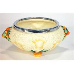 Hand painted Clarice Cliff 'Celtic Harvest' patterned bowl with silver plated rim, marks to base,…