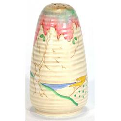 Ribbed Clarice Cliff sugar sifter hand painted with a 'Taormina' pattern, marks to base, 13cm hig…