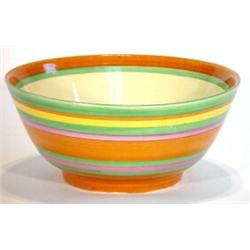 Clarice Cliff Bizarre bowl for Libertys hand painted with green, purple, brown and yellow bands, …