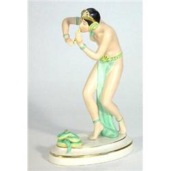 Hand painted Royal Dux Art Deco style figurine of a scantily clad snake charmer and snake, marks …