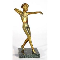 Gilded spelter Art Deco scantily clad maiden with outstretched arm on a square marble base, 29cm …