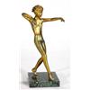 Image 1 : Gilded spelter Art Deco scantily clad maiden with outstretched arm on a square marble base, 29cm …