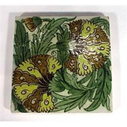 William De Morgan Persian style pottery tile hand painted with colourful  flowers, impressed mark…