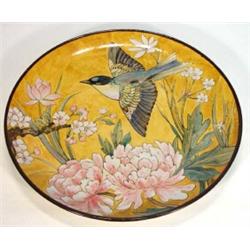 Hand painted Victorian pottery charger decorated with an aesthetic sweeping bird amongst pink flo…