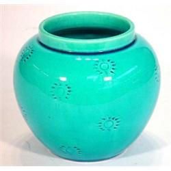 Turquoise glazed Burmantofts vase decorated with an abstract incised pattern, impressed marks to …