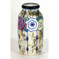 Amphora pottery vase hand enamelled with a band of stylised flowers onto a marbleised ground, pri…