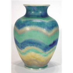 Large Royal Lancastrian pottery vase hand painted with blue, green, yellow and beige dripping gla…