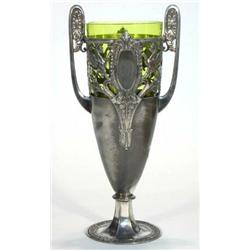 Large twin handled WMF silver plated vase and green glass liner, decorated with griffins, marks t…