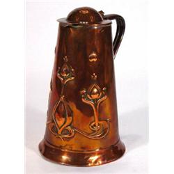 JS & S Art Nouveau copper flagon with hammered lid, embossed with stylised floral motif, marks to…