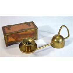 Arts & Crafts copper and brass riveted box and a brass Arts & Crafts chamber stick, largest 30cm …