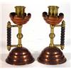 Image 1 : Small pair of brass and copper Arts and Crafts style candlesticks with wooden bobbin turned handl…